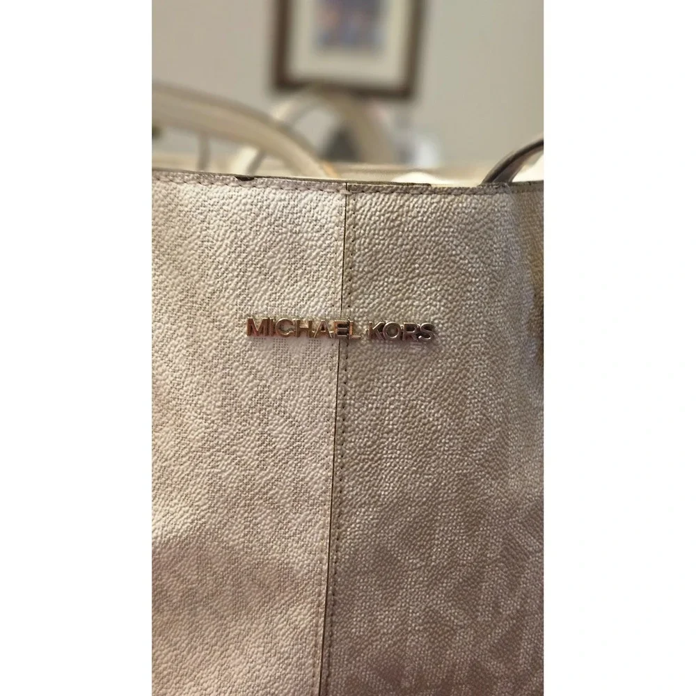 Michael Kors Women Cream Beige‎ Monogram MK Logo Tote Bag Shoulder Bag